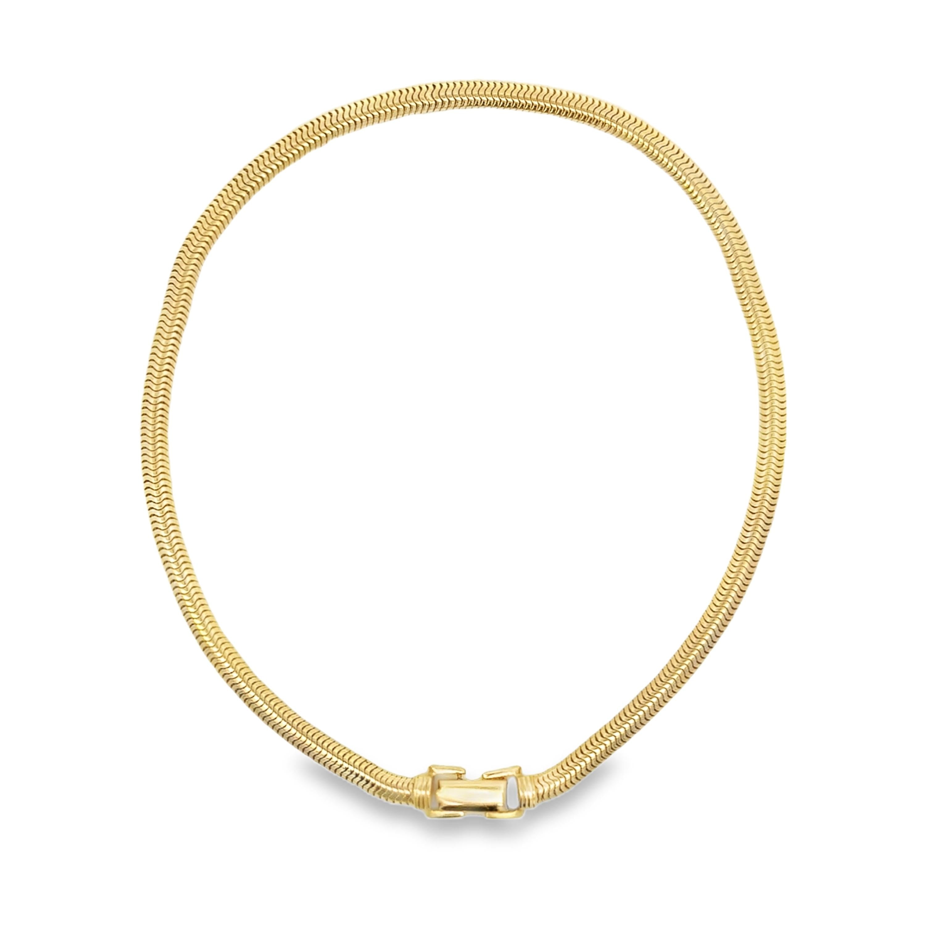 1980s–1990s 14k yellow gold vintage snake chain necklace, 16-inch length, full view, high-polish flat links