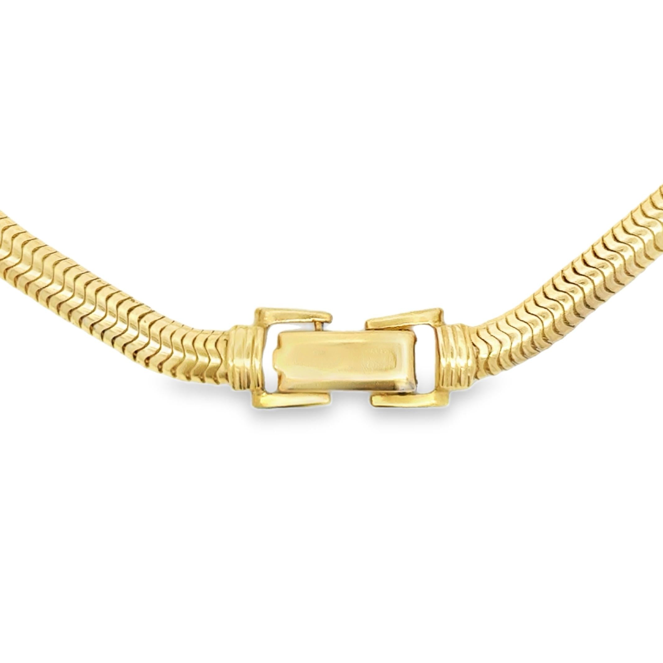Close-up of box clasp hallmark 14K on vintage 14k yellow gold snake chain necklace (1980s–1990s), Italian style