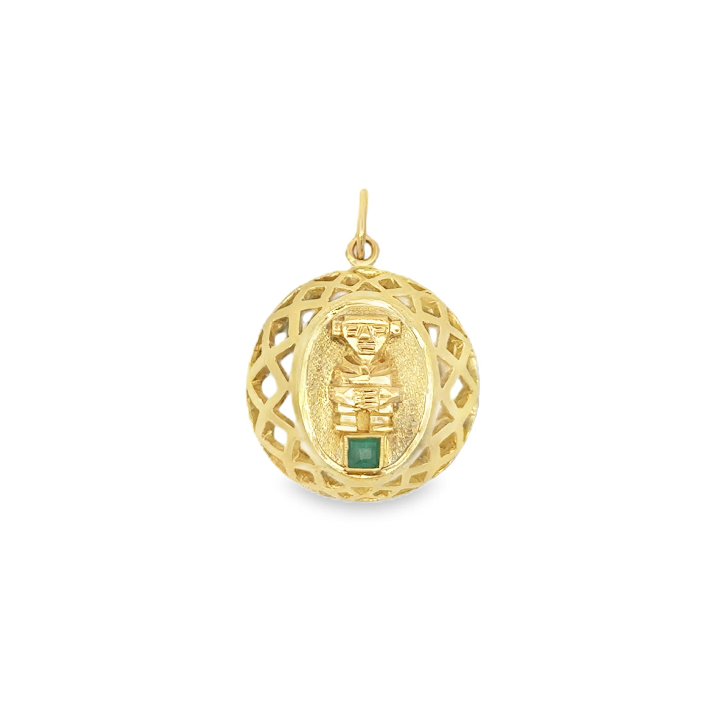 14k Yellow Gold 2-sided Emerald Vintage Aztec Charm