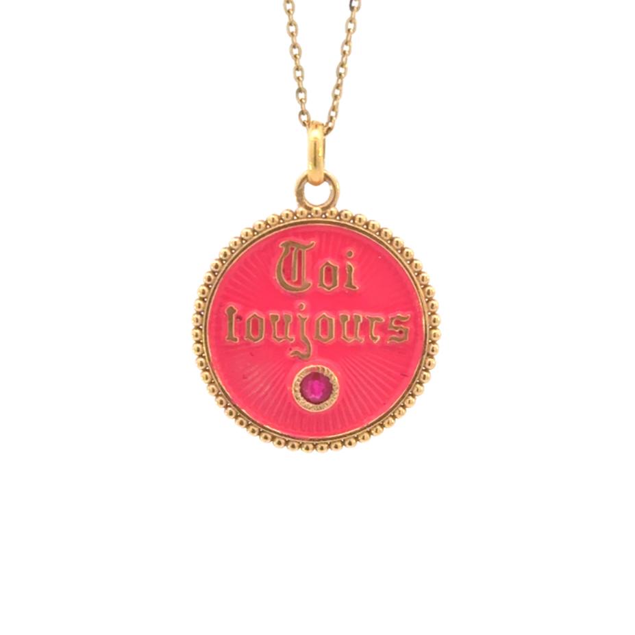 18k Yellow Gold Pink Enamel French Toi Toujours Charm