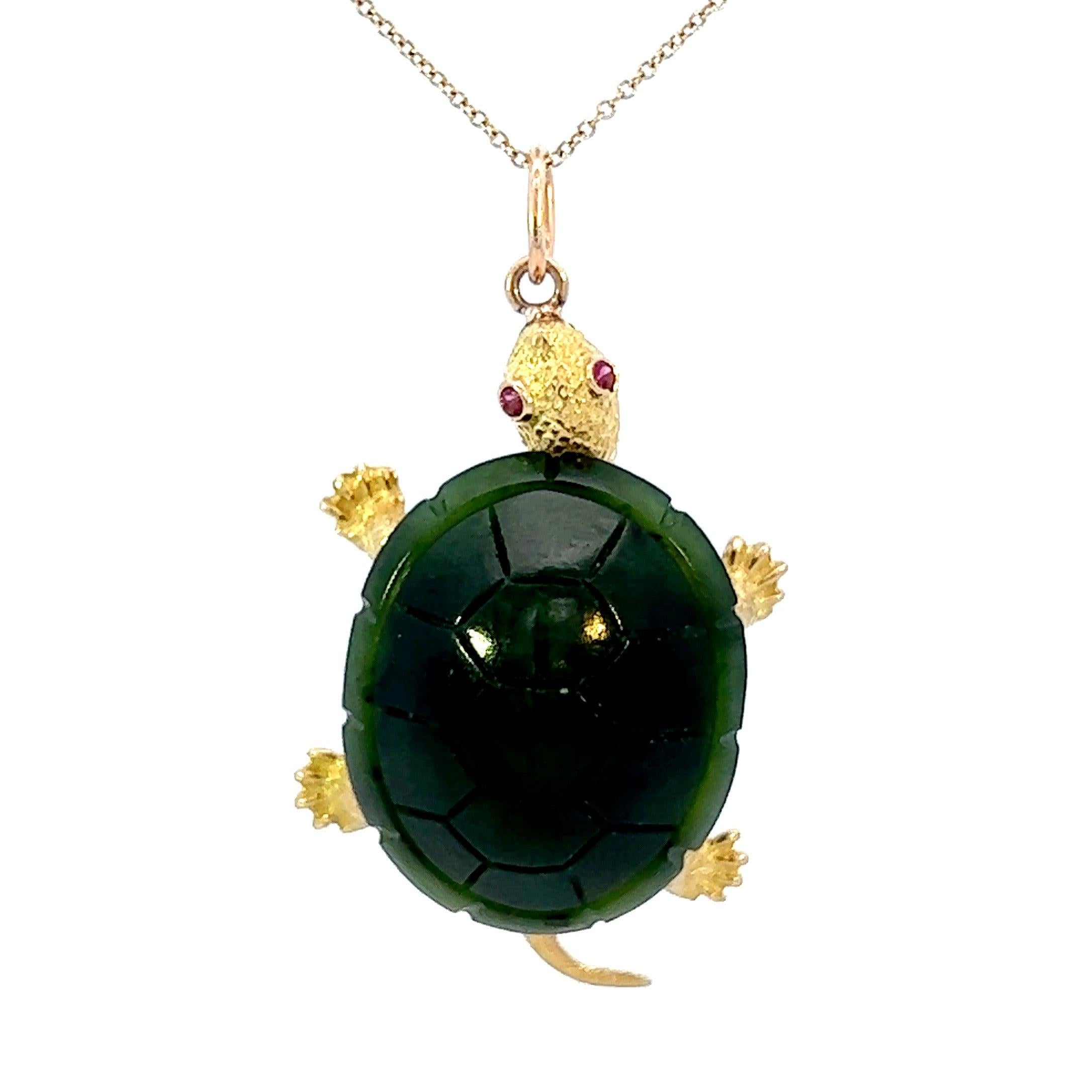 Vintage Ruby Eyed Jade Turtle 14k Gold Charm