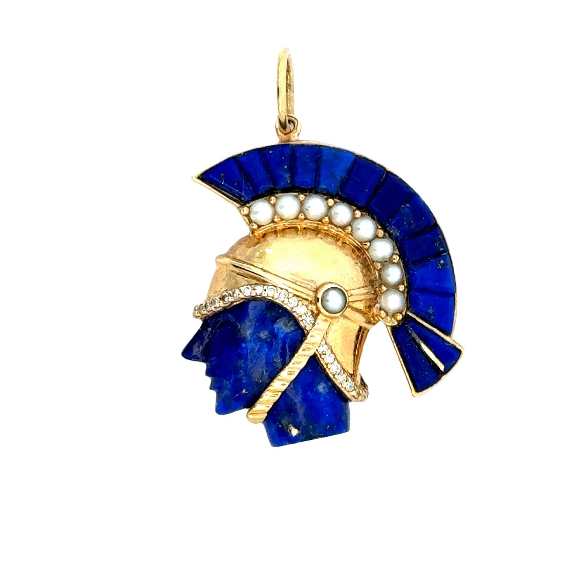 14k Yellow Gold Pearl and Diamond Trojan Head Charm