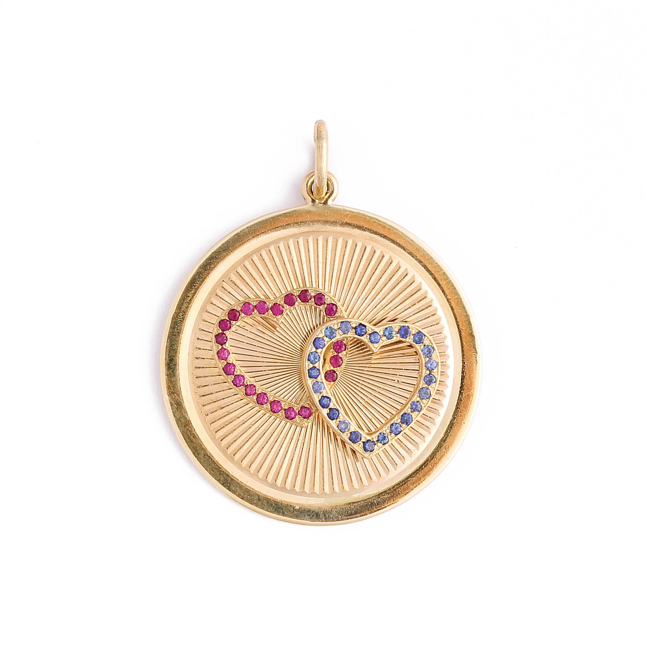 Vintage Sapphire and Ruby Double Heart 14k Gold Charm