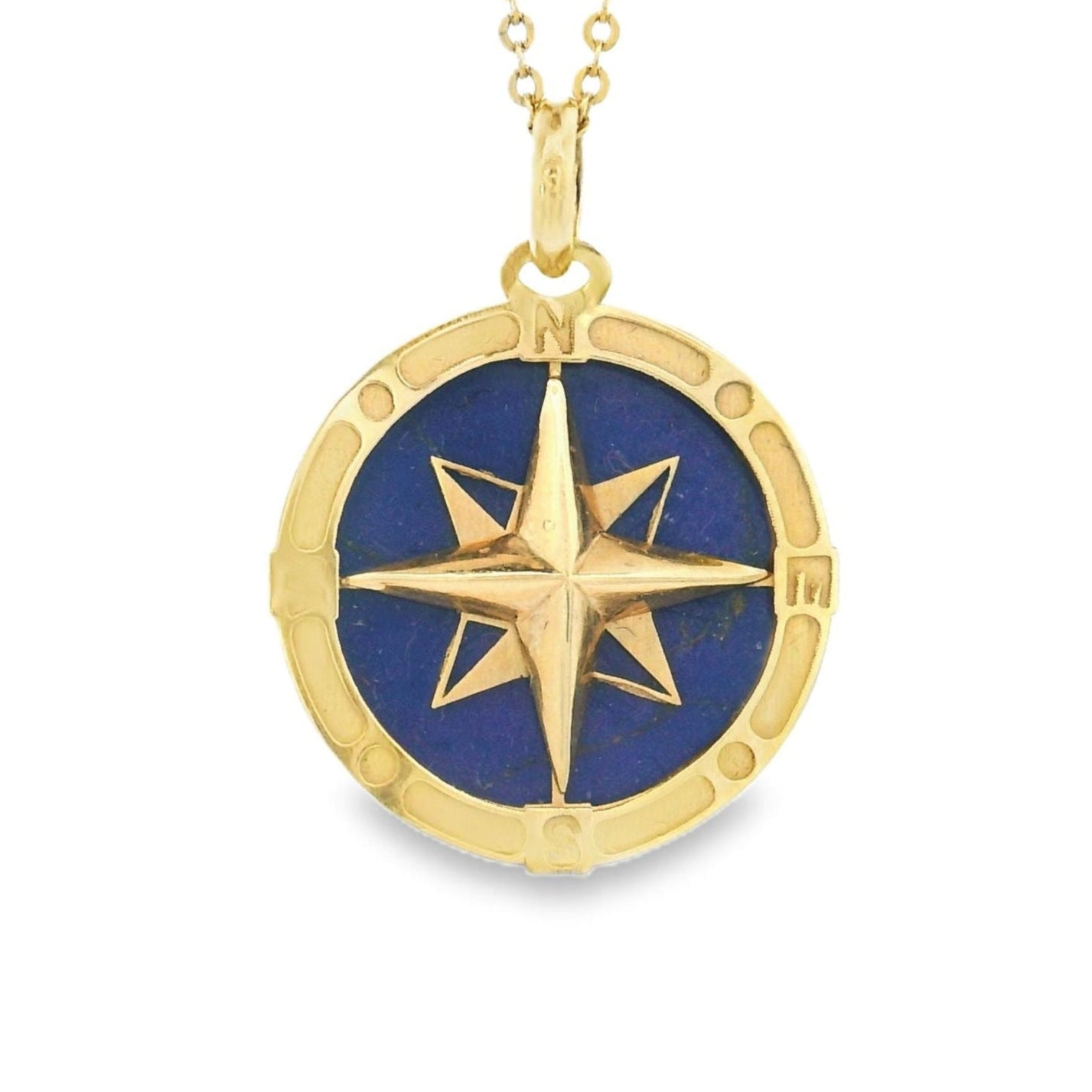 Gold necklace with a blue star pendant on a white background