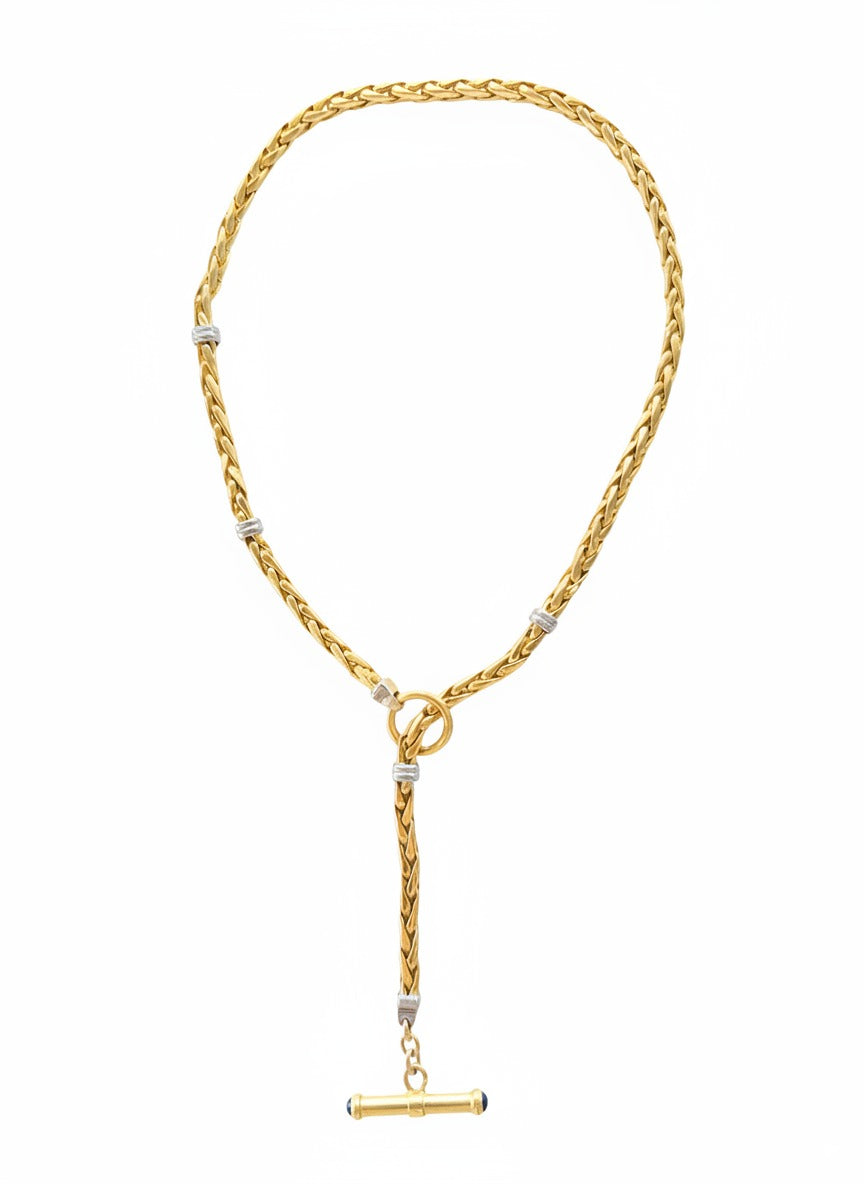 1990s Italian 18k yellow and white gold vintage lariat necklace with amethyst toggle.