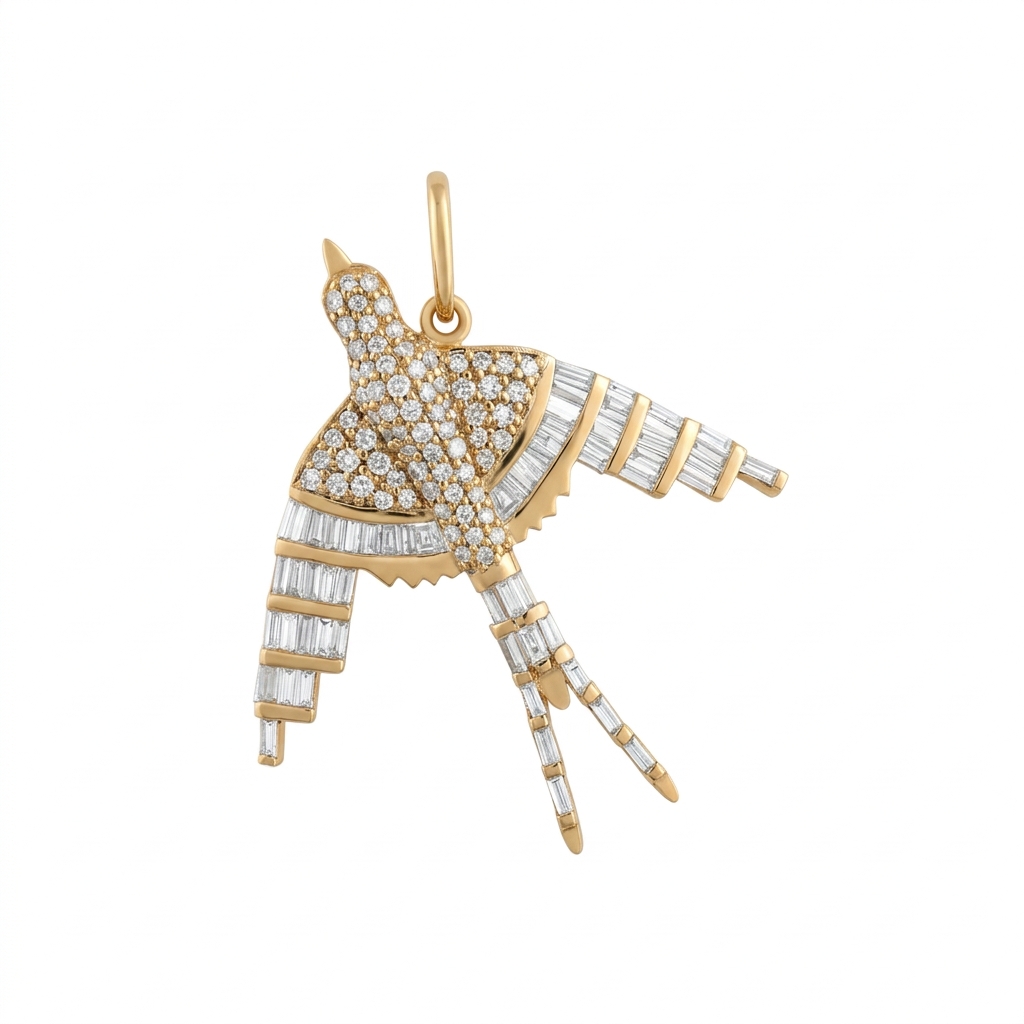 14k Yellow Gold 1 Carat White Diamond Bird Charm Pendant
