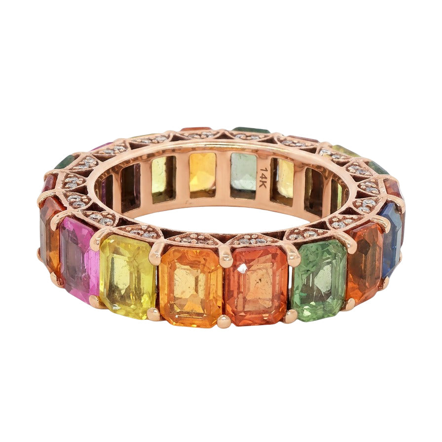 14K Rose Gold Band Multicolor Emerald Cut Sapphire Eternity Band Statement Ring with Diamond Accents