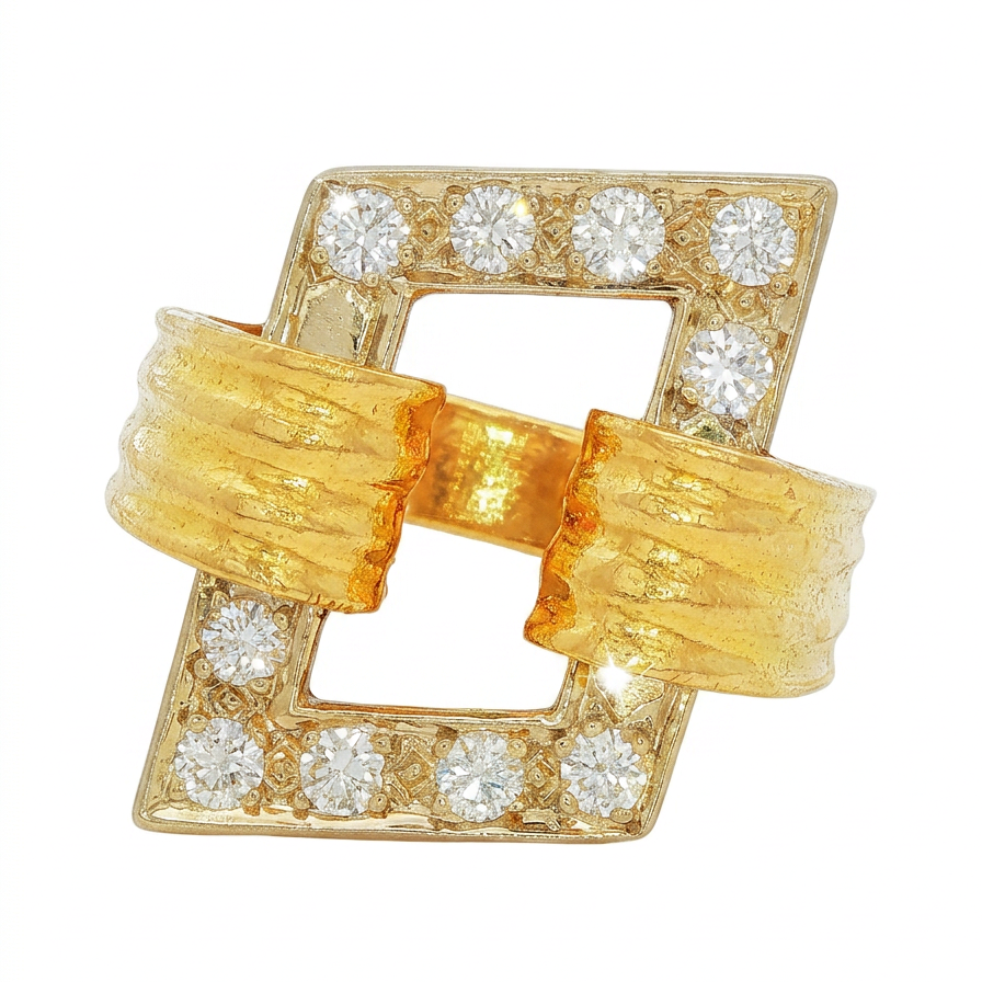 Close detail view of a 1980s 18 karat yellow gold Modernist diamond ring highlighting the geometric openwork construction and pavé set diamond layout