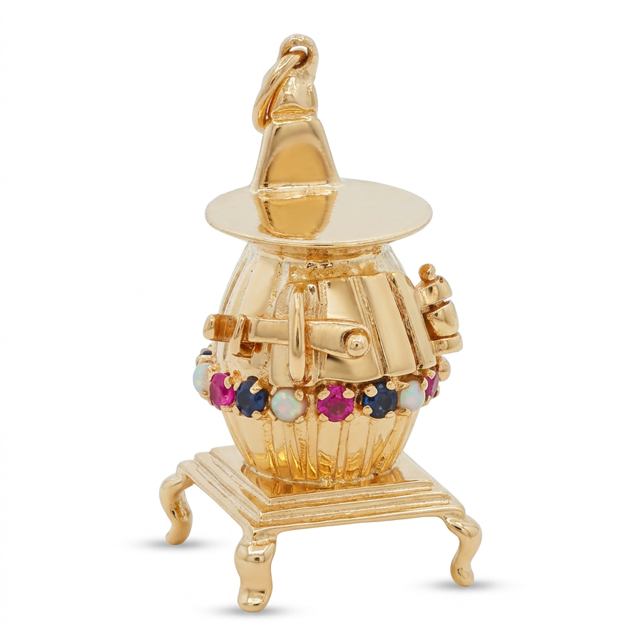 14k Yellow Gold Pink Blue Sapphire Pearl Vintage Stove Charm
