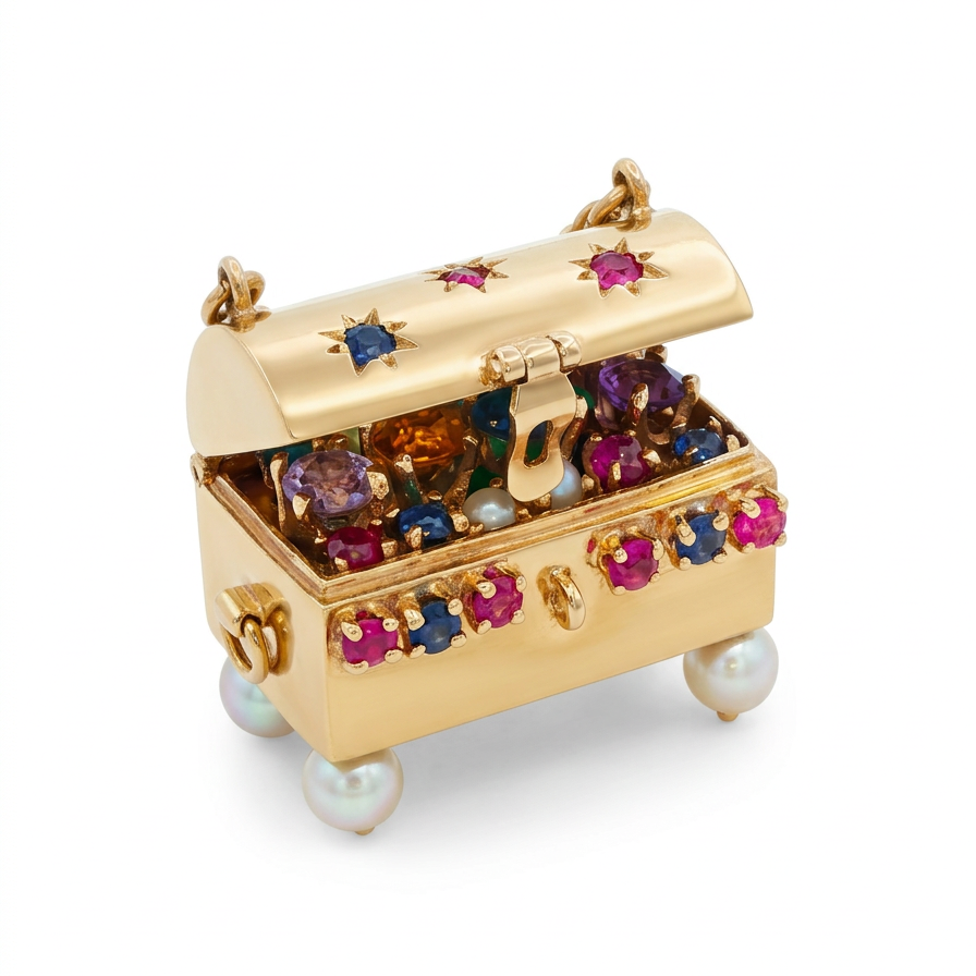 14k Yellow Gold Multi Gemstone Pearl Treasure Charm