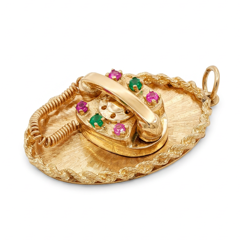 14k Yellow Gold Pink Sapphire Emerald Telephone Charm
