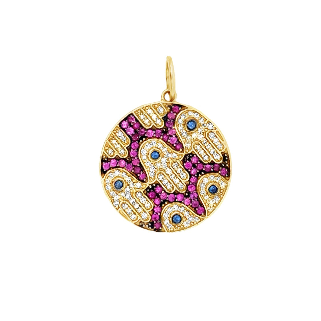 14k Gold Diamond and Pink Sapphire Hamsa Charm