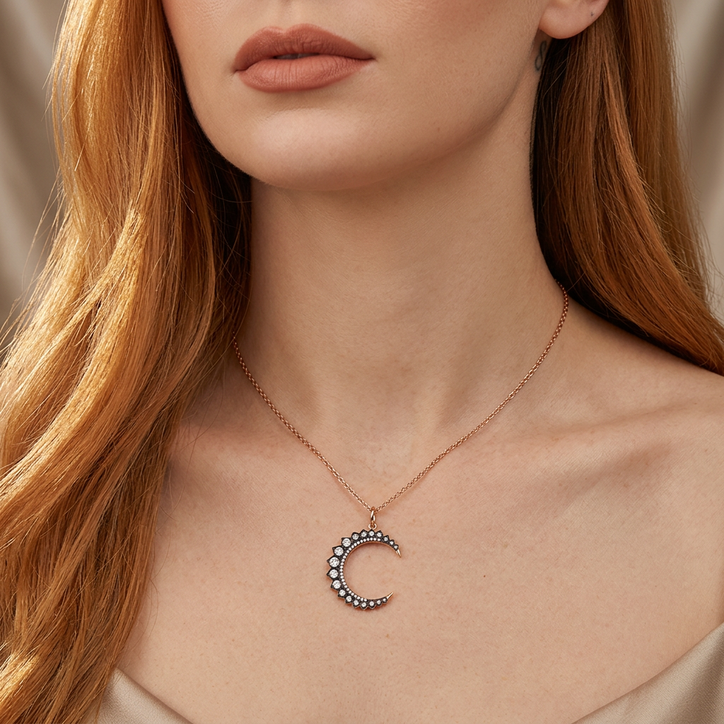 14k Yellow Gold Black Rhodium Diamond Crescent Moon Charm Pendant