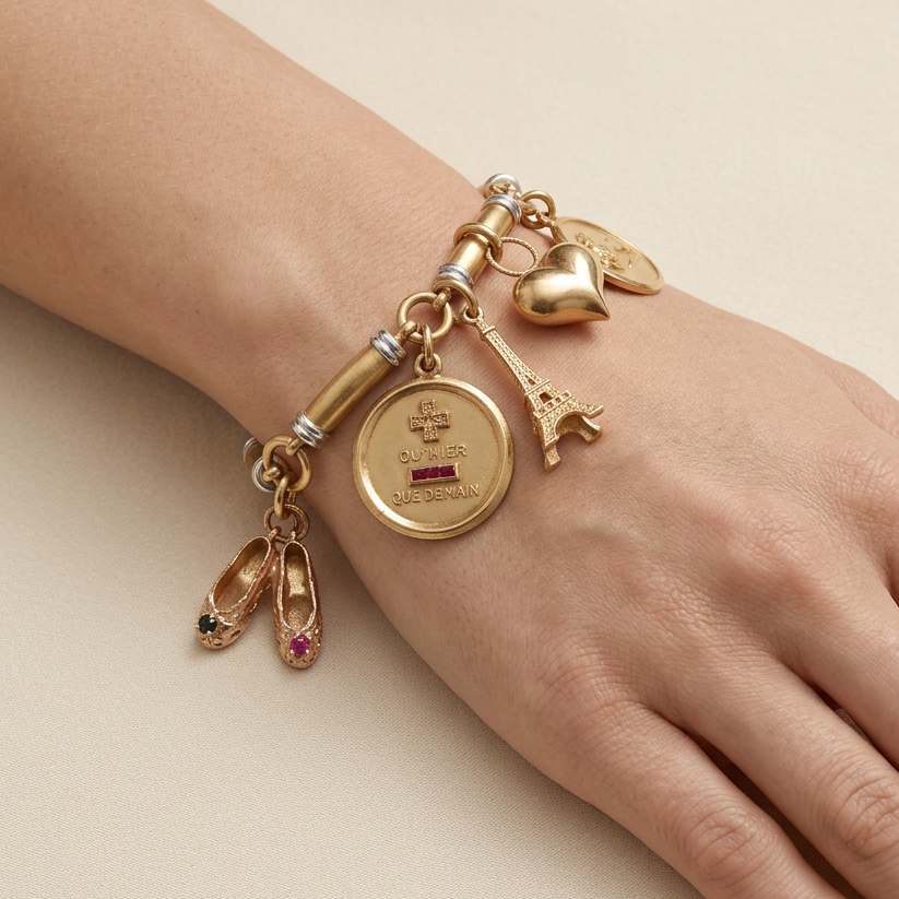 18 Karat Yellow Gold Vintage A. Augis Qu’hier Que Demain Ruby Diamond Love Token Charm