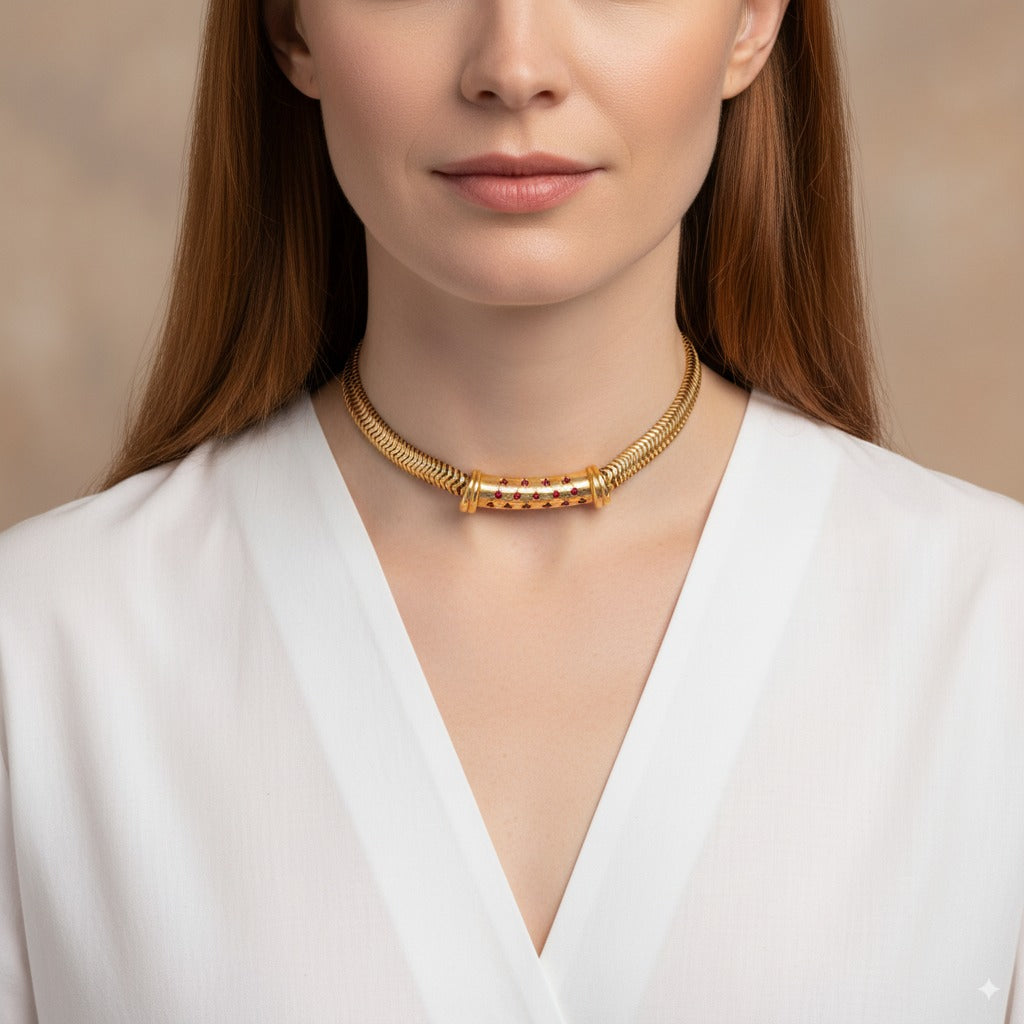 14k Yellow Gold 1940s Vintage Ruby Tubogas Necklace