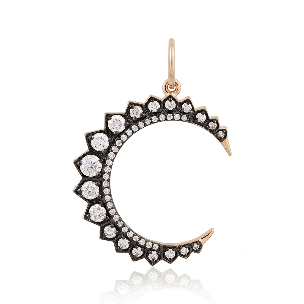 14k Yellow Gold Black Rhodium Diamond Crescent Moon Charm Pendant