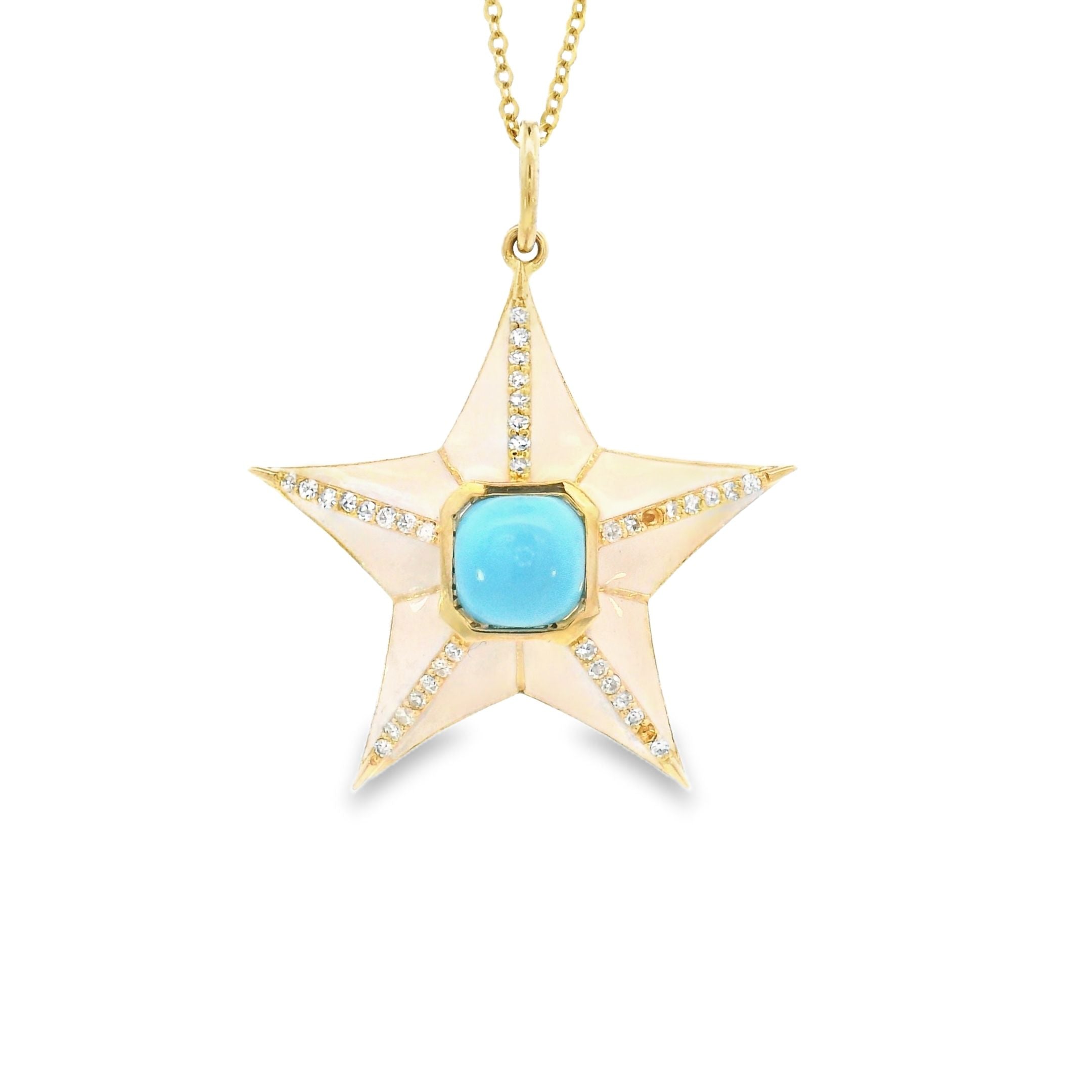 14k Yellow Gold Pink Enamel Turquoise Diamond Star Charm