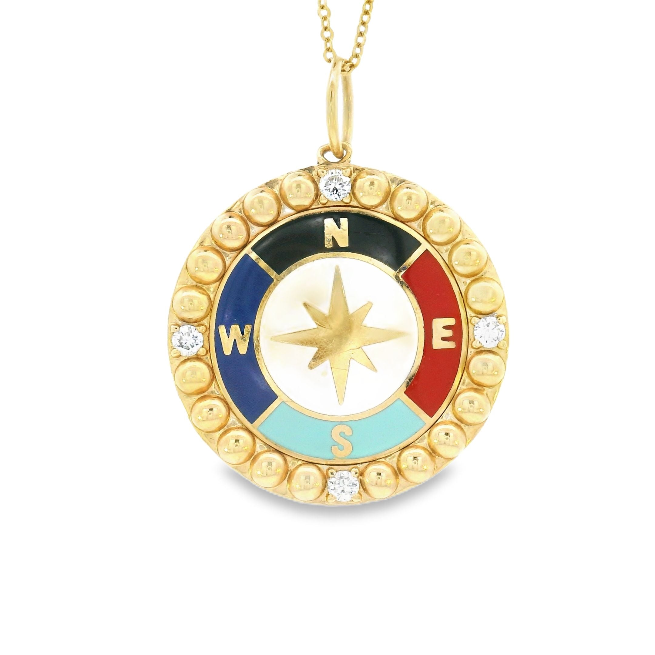14k Yellow Gold Enamel and Diamond Compass Charm