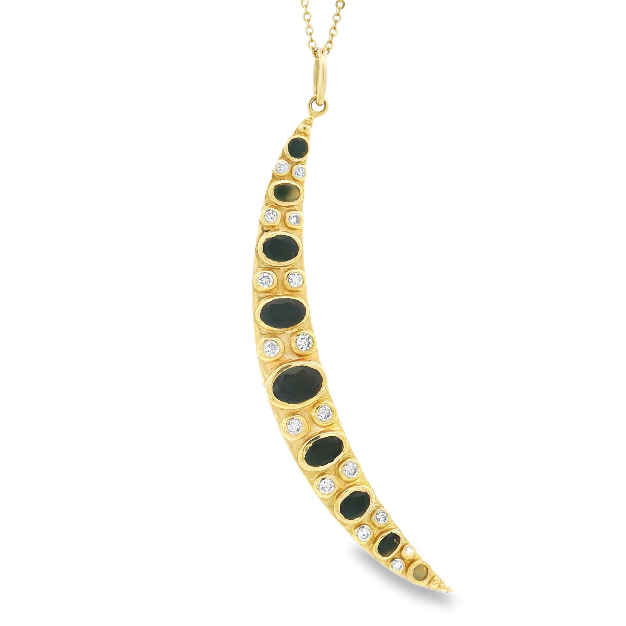 Long Crescent Moon Onyx and Diamond 14k Gold Charm