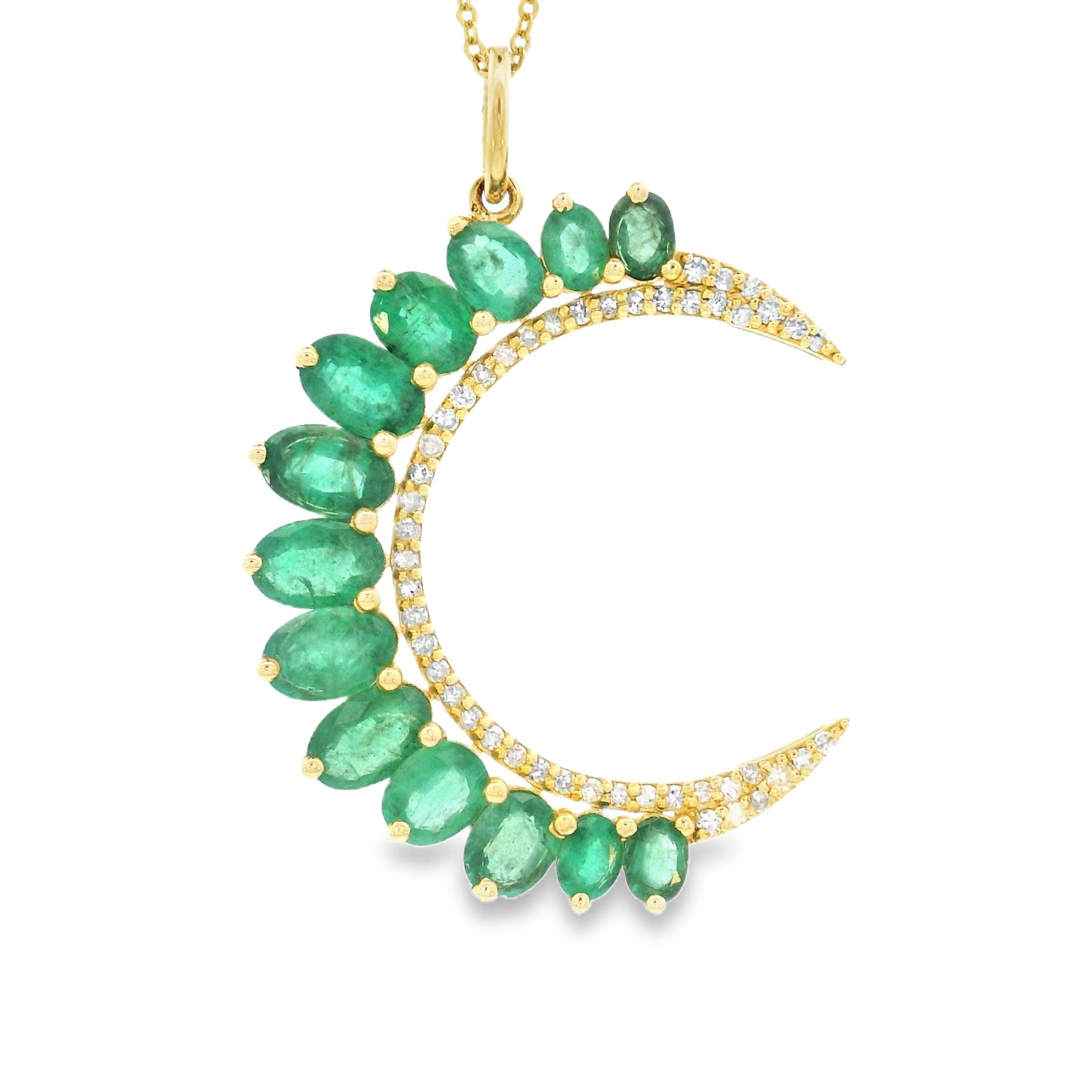 14k Yellow Gold Emerald and Diamond Crescent Moon Charm