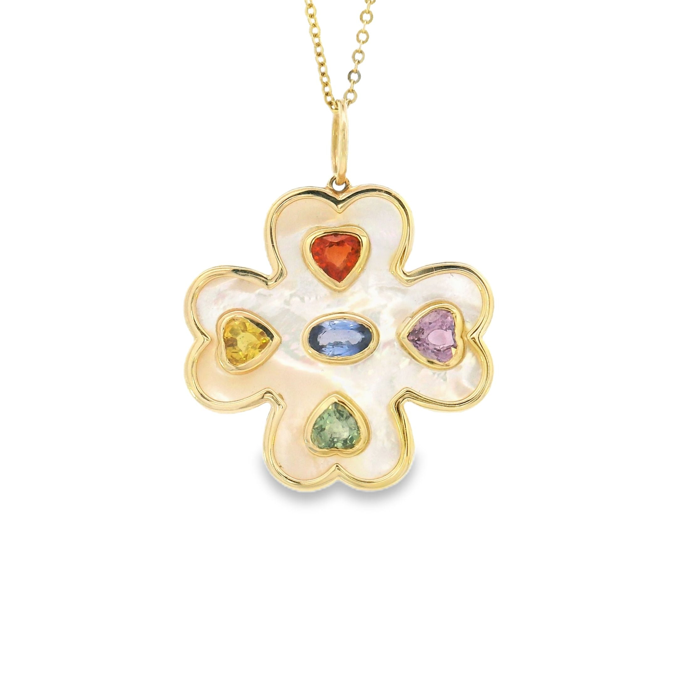 14k Yellow Gold Multi-Sapphire Mother of Pearl Clover Charm