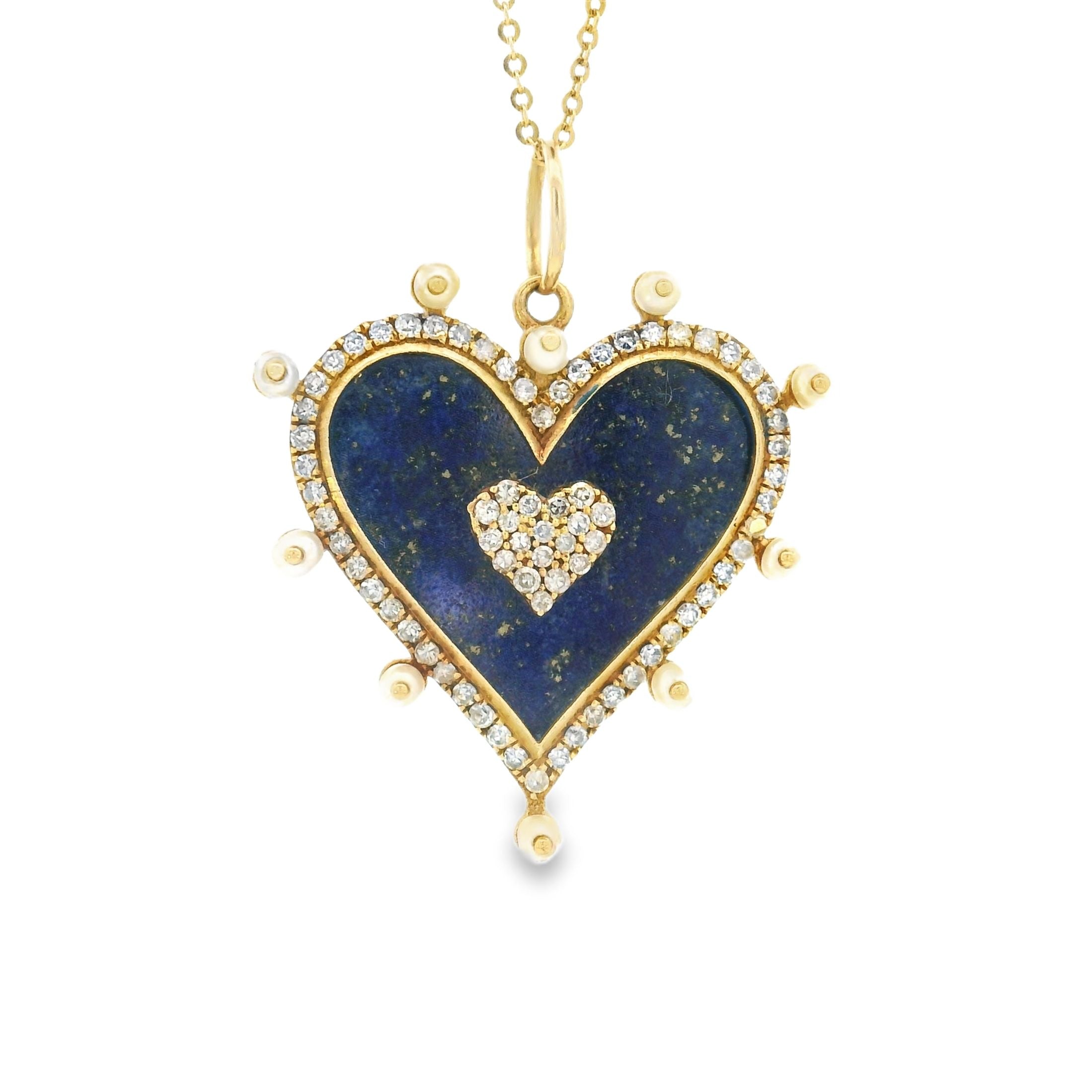14k Yellow Gold Pearl Diamond Lapis Heart Charm