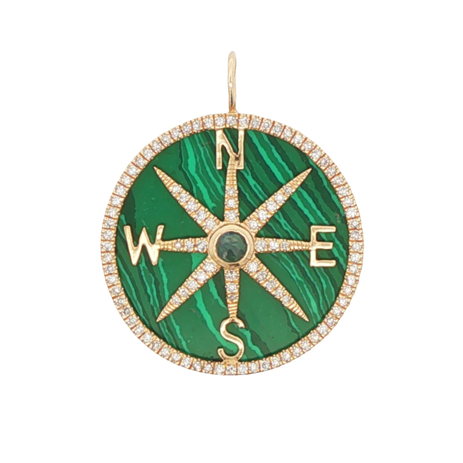 Green compass pendant with gold accents on a white background