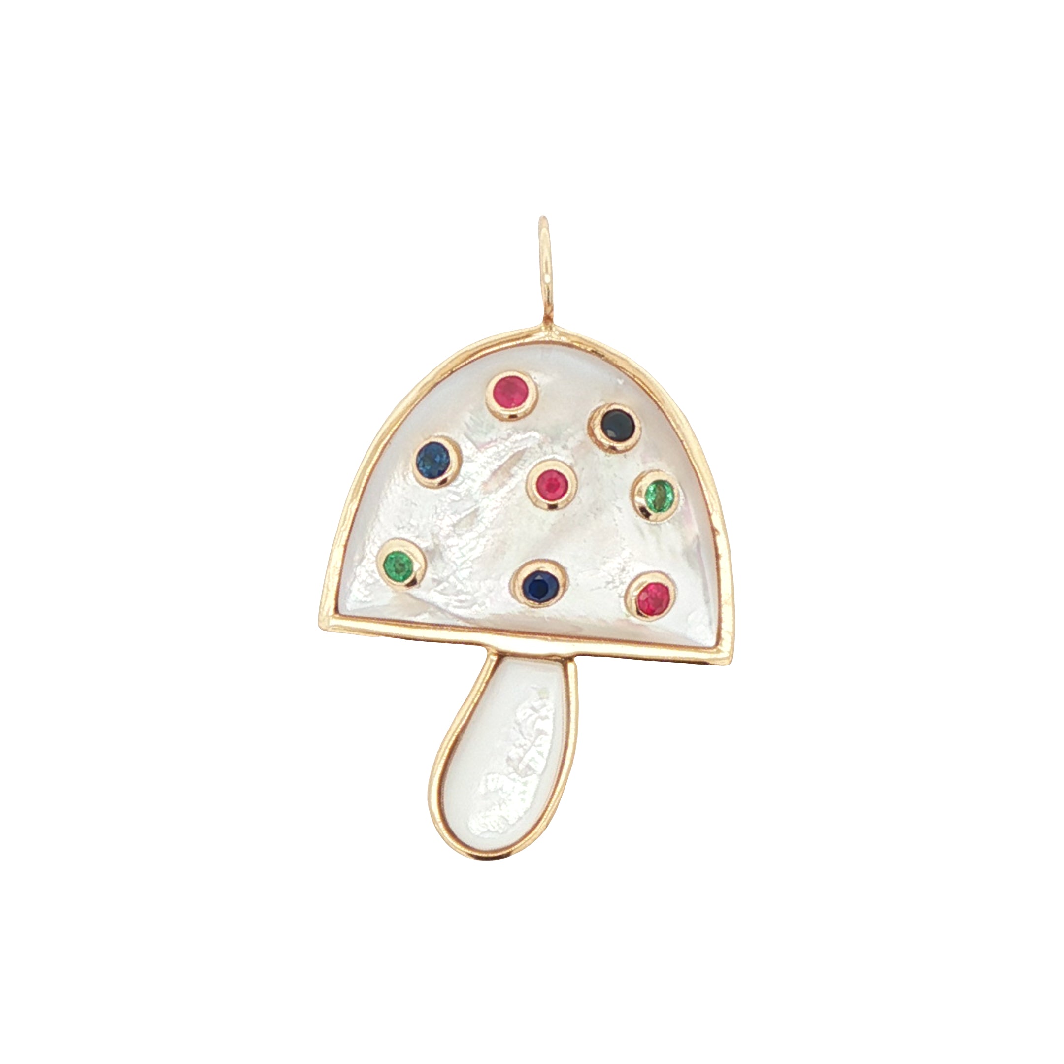 Decorative mushroom ornament with colorful gemstones on a white background