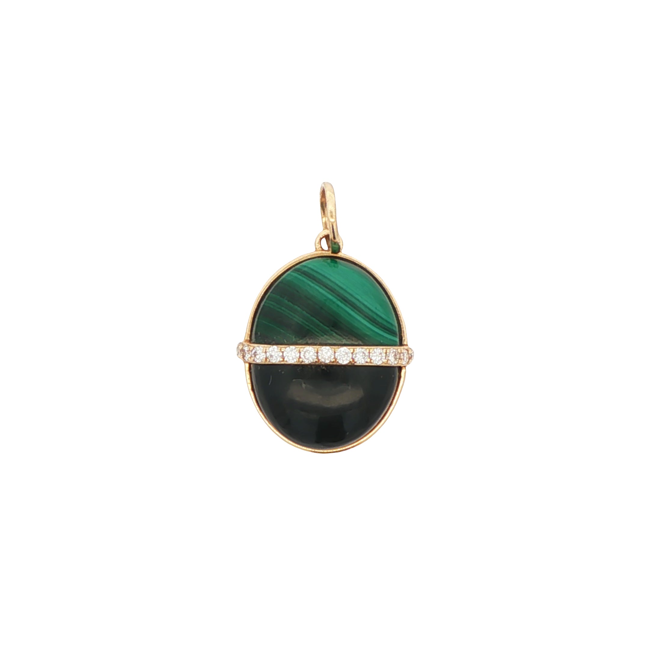Gold pendant with green stone and diamond accents on a white background