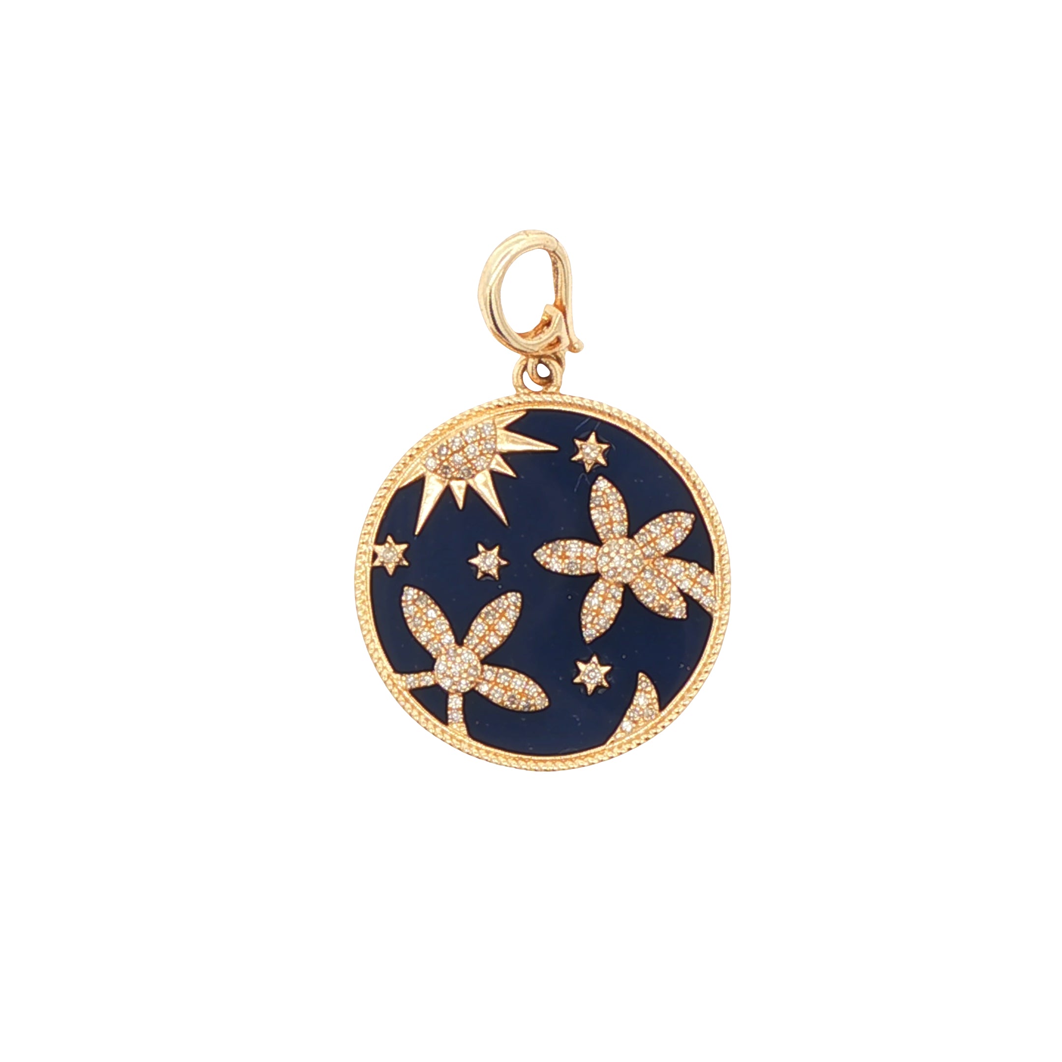 Jewelry pendant with starfish and moon design on a white background