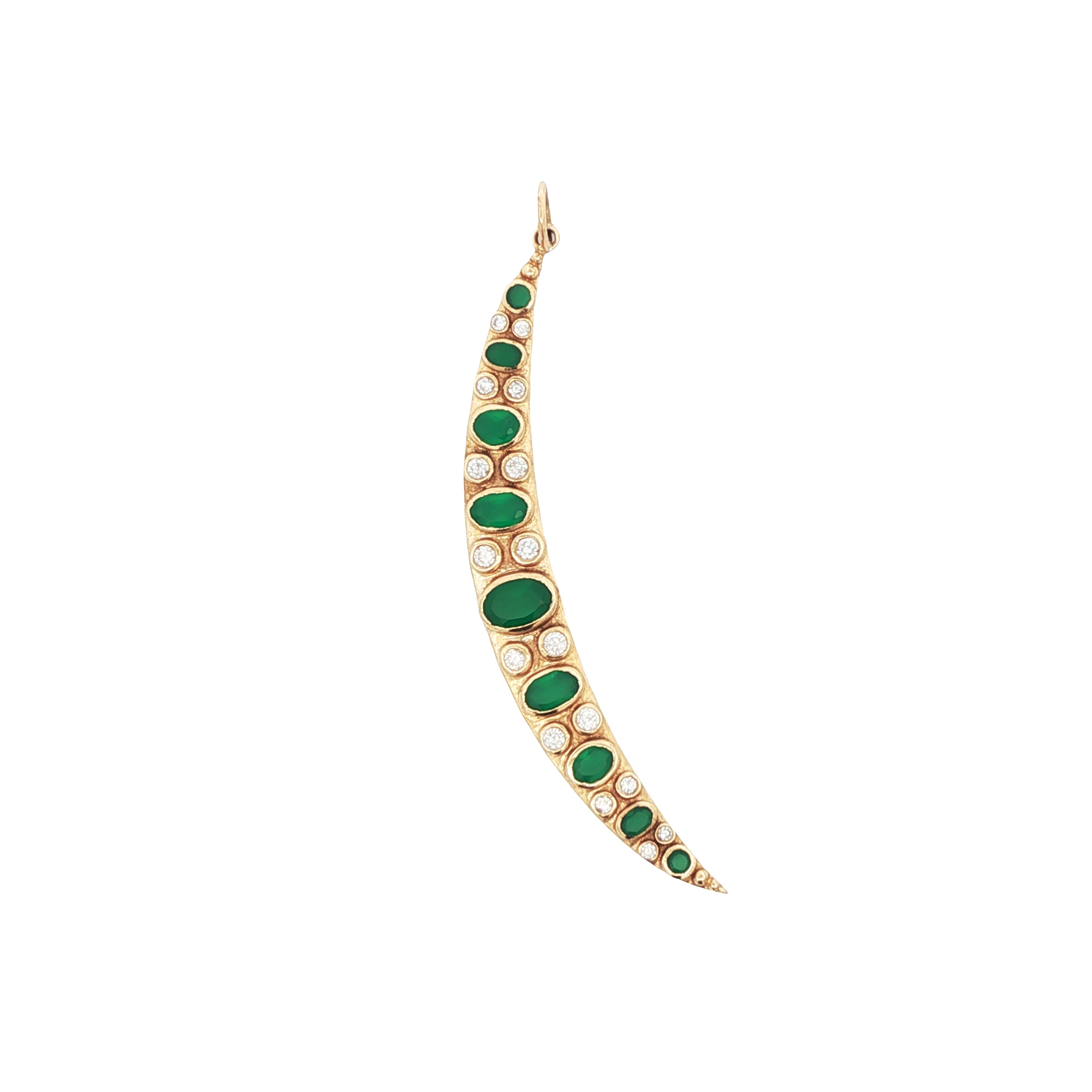 Gold earring with green gemstones on a white background
