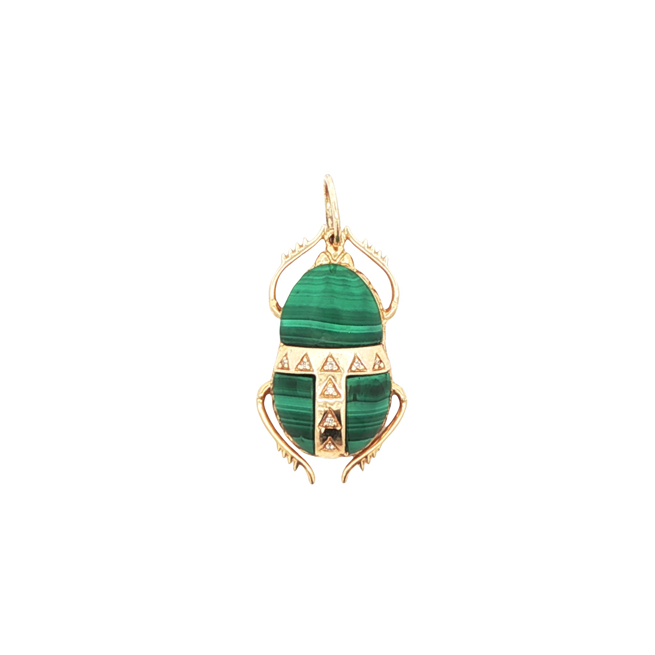 Gold pendant with green stone on a white background