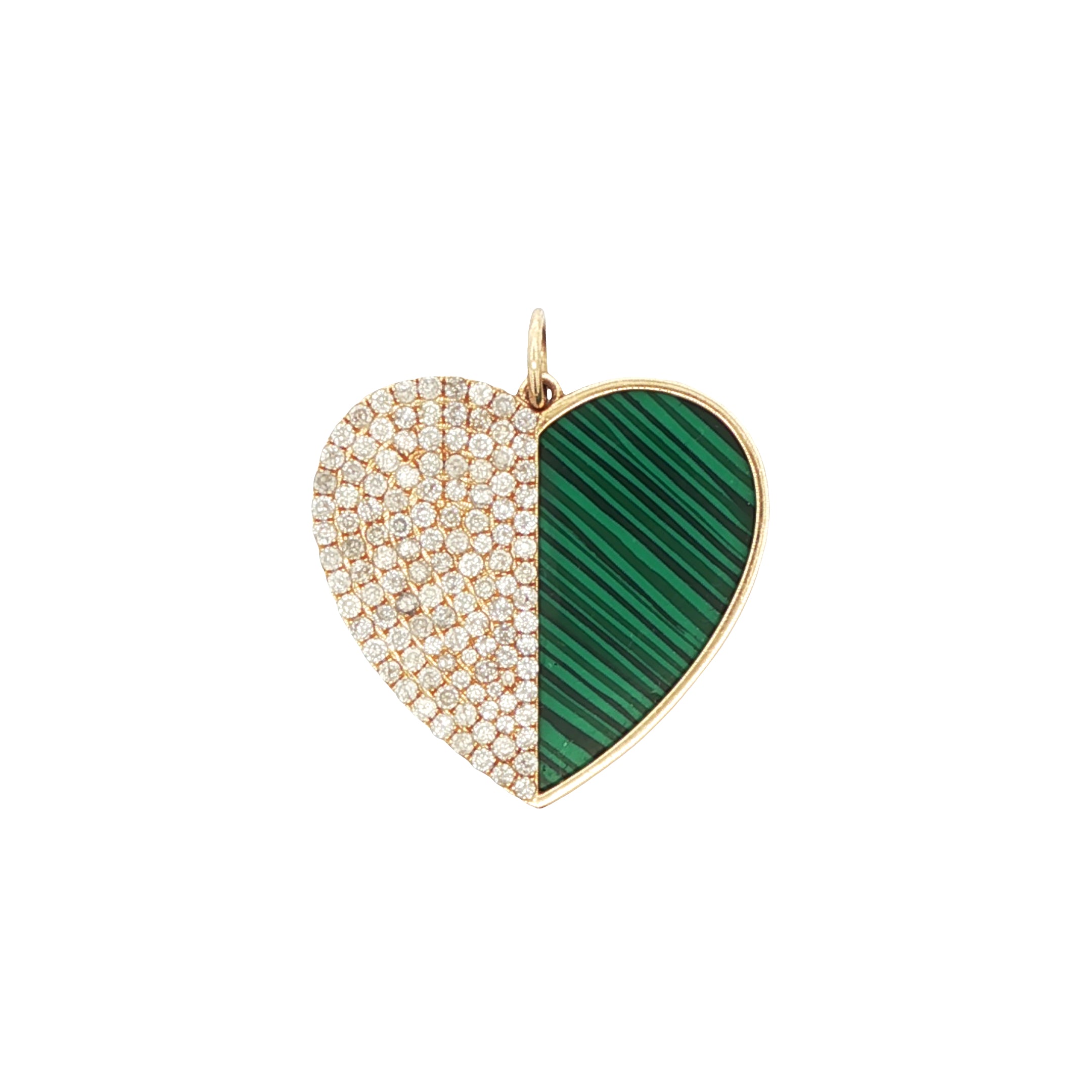Heart-shaped pendant with gold and green half-sections on a white background
