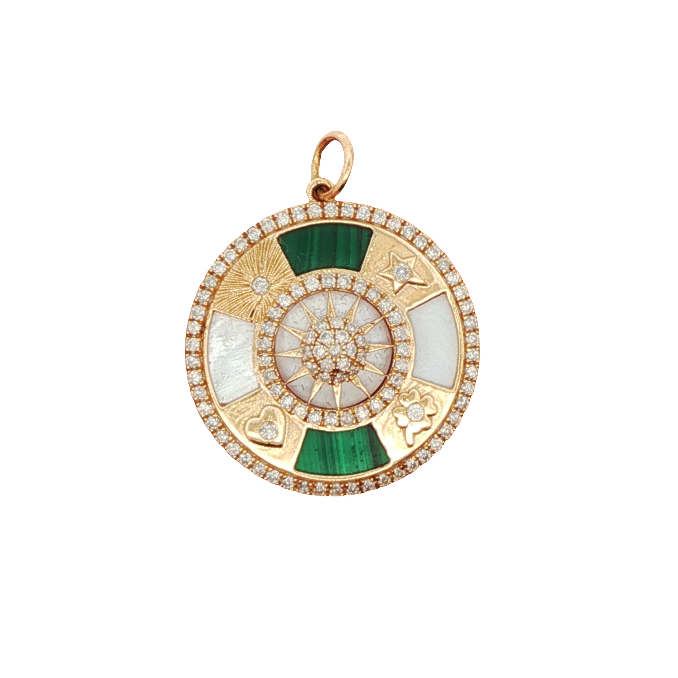 14k Yellow Gold Diamond, Malachite, and Mother of Pearl Circle Charm