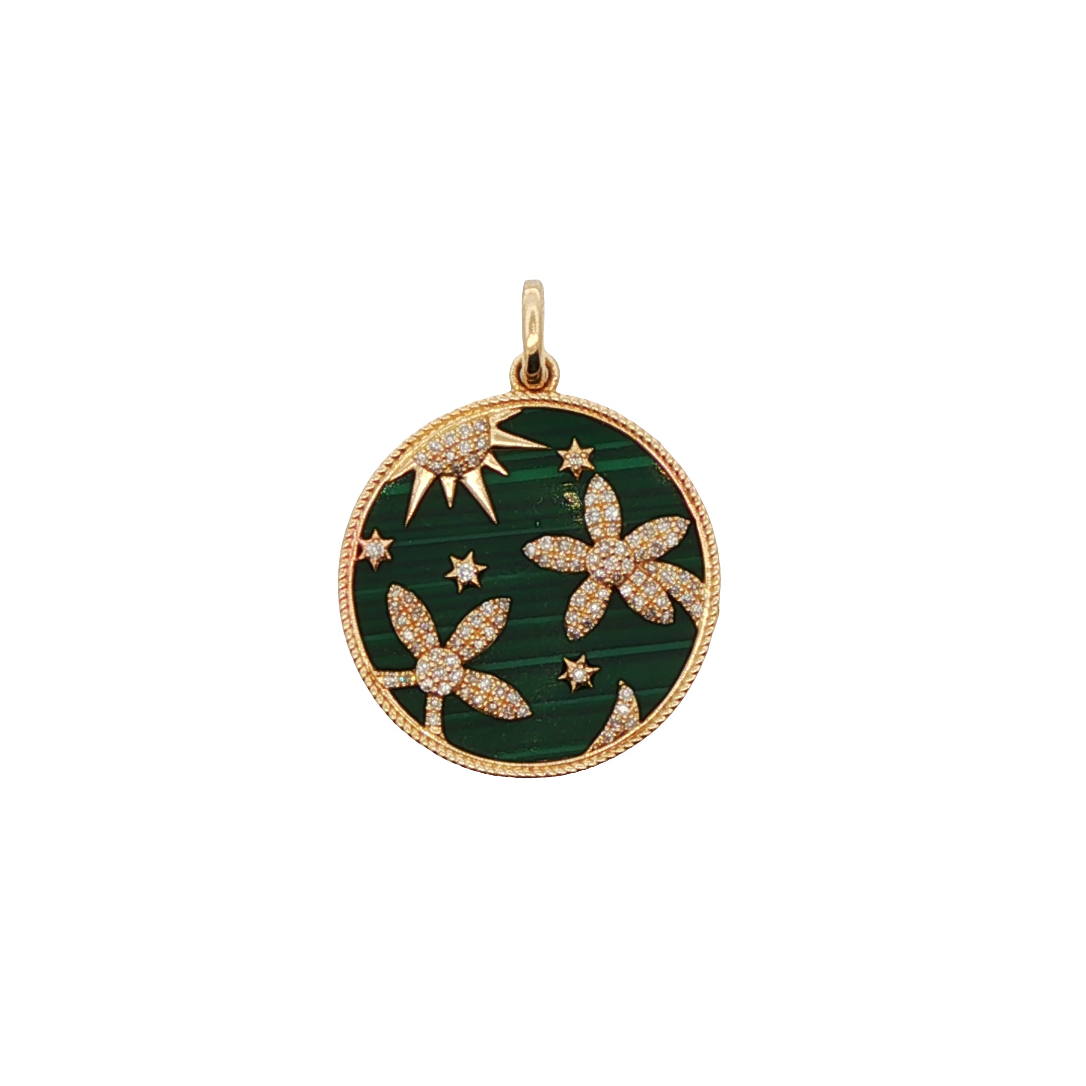 14k Yellow Gold Diamond and Malachite Circle Charm