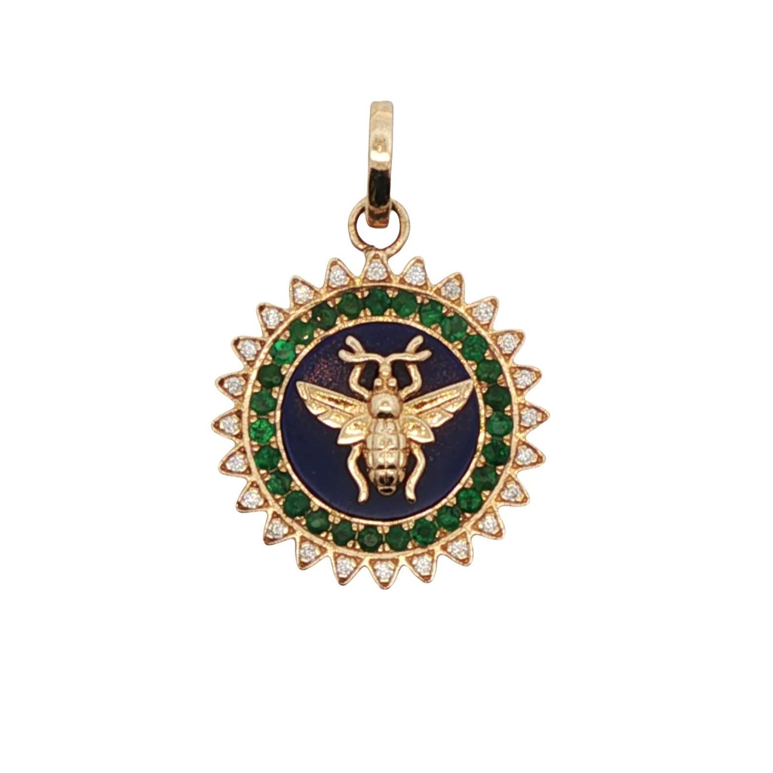 Gold pendant with a bee design and green gemstones on a white background