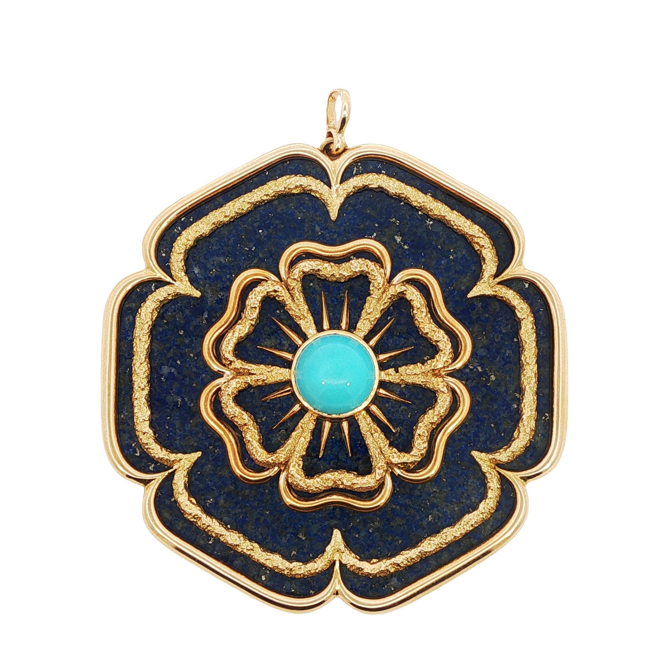 1970s French 18k yellow gold floral medallion pendant by Robert Wandar with lapis lazuli and turquoise cabochon, 2.75 inches plus bale