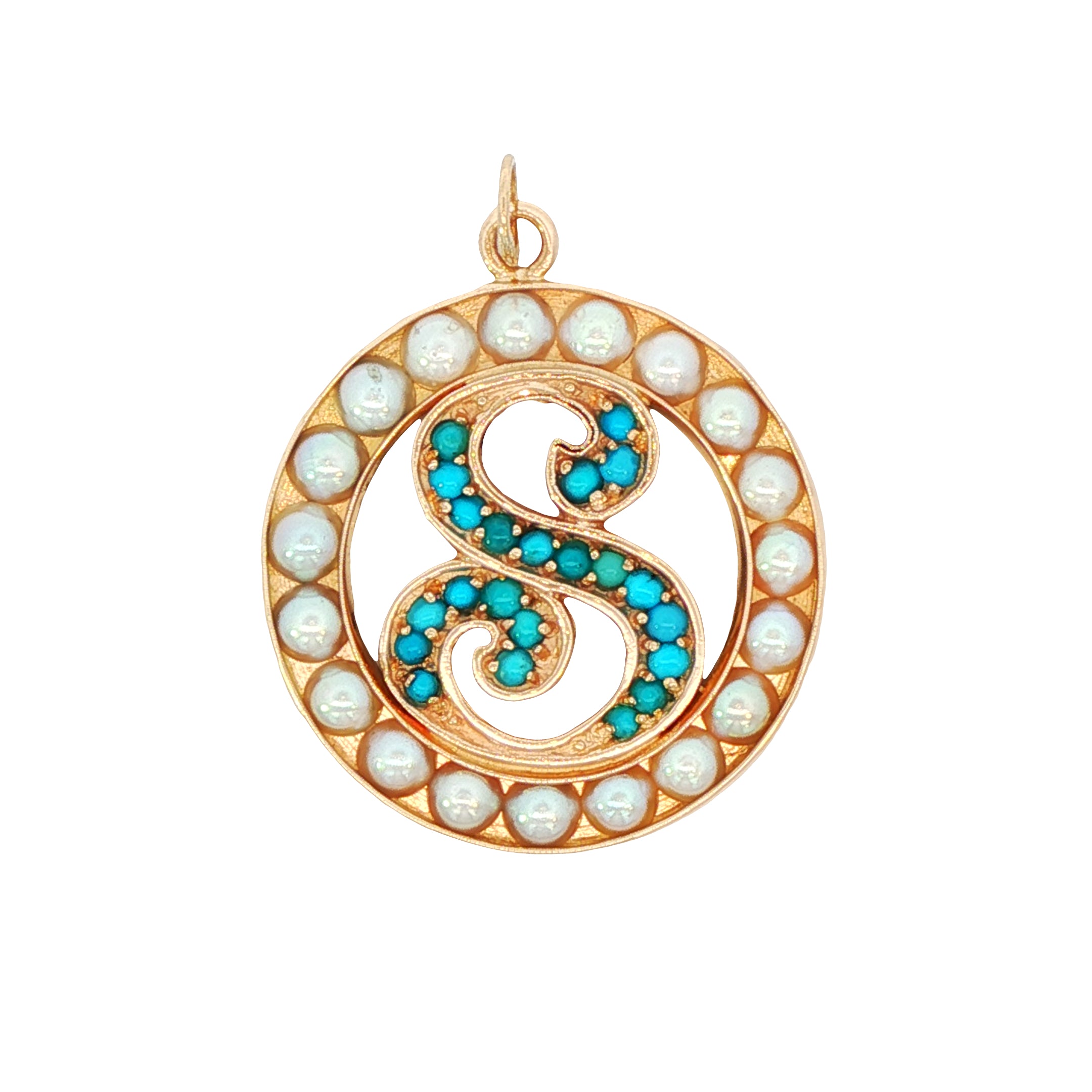 Gold pendant with pearls and turquoise stones on a white background