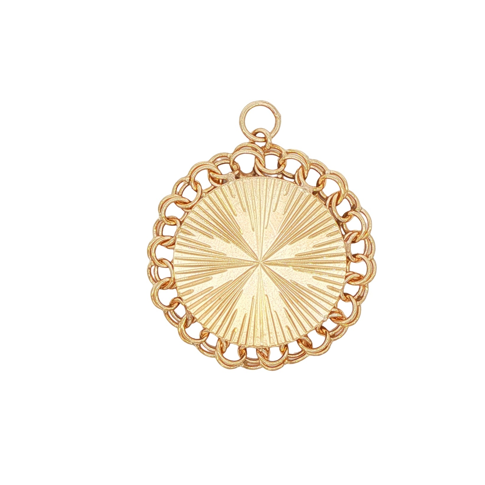 Gold pendant with intricate design on a white background
