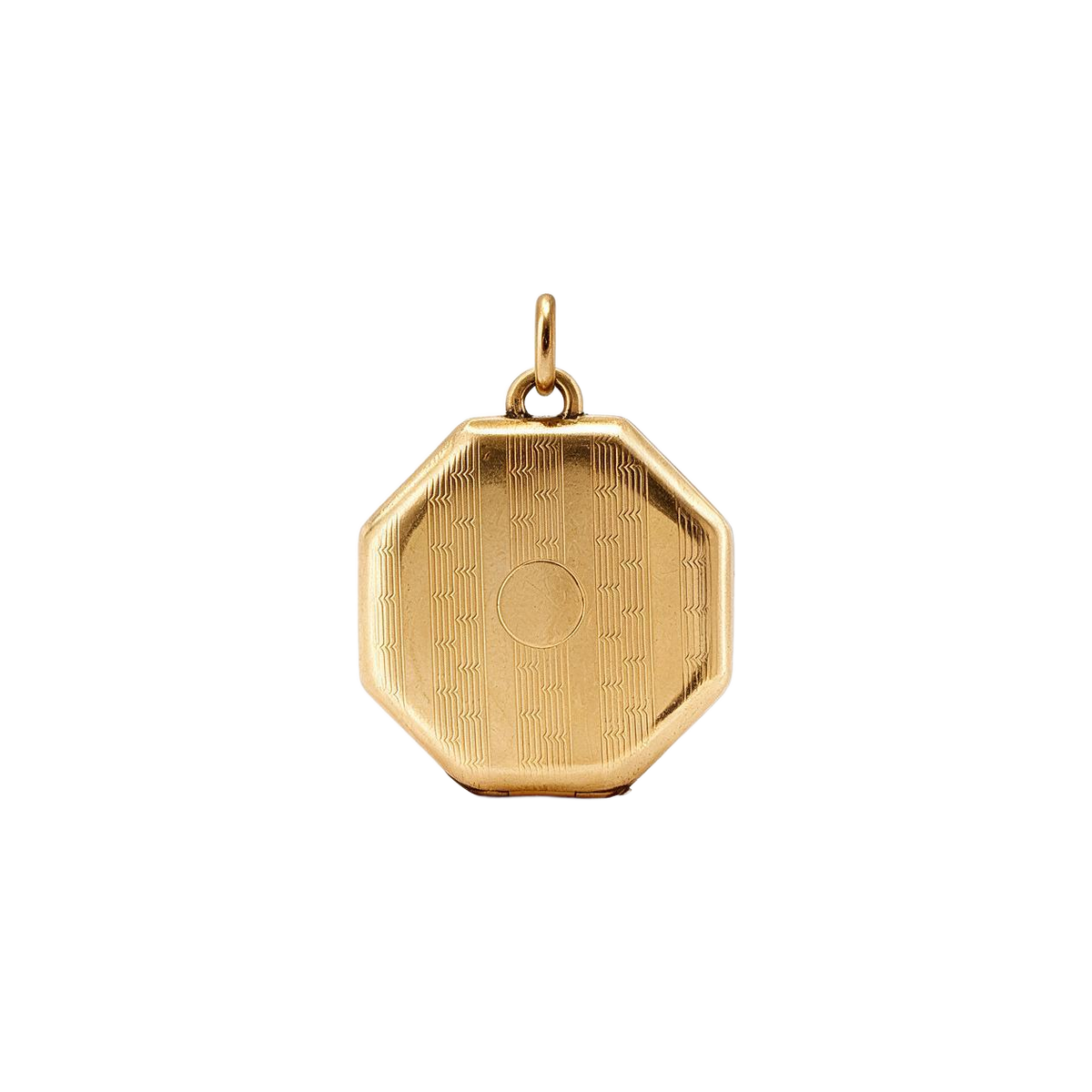 Front of 14k yellow gold vintage octagonal locket with engine turned pattern and plain center for a monogram