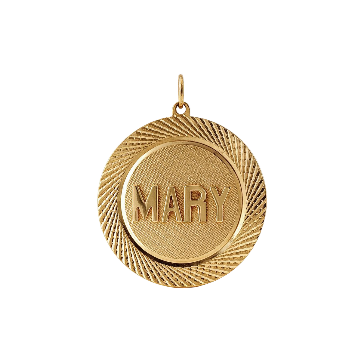 14k yellow gold vintage 1960s Mary name medallion charm, front, with diamond-cut sunburst border