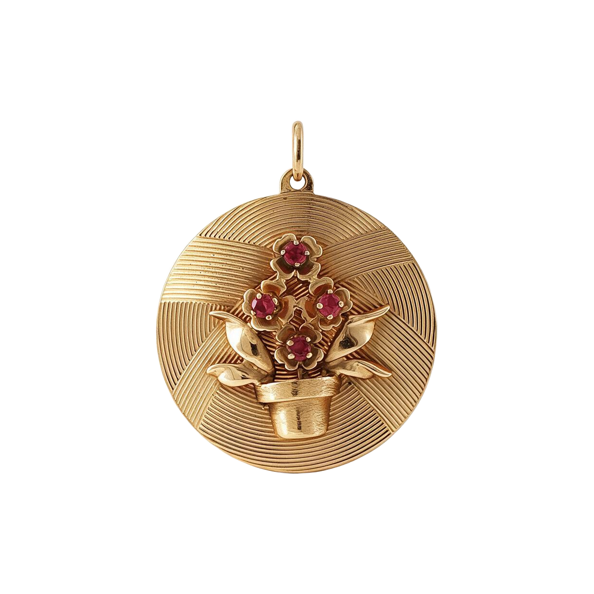 14K Yellow Gold 1940’s Vintage Ruby Flower Basket Tiffany & Co Charm Pendant