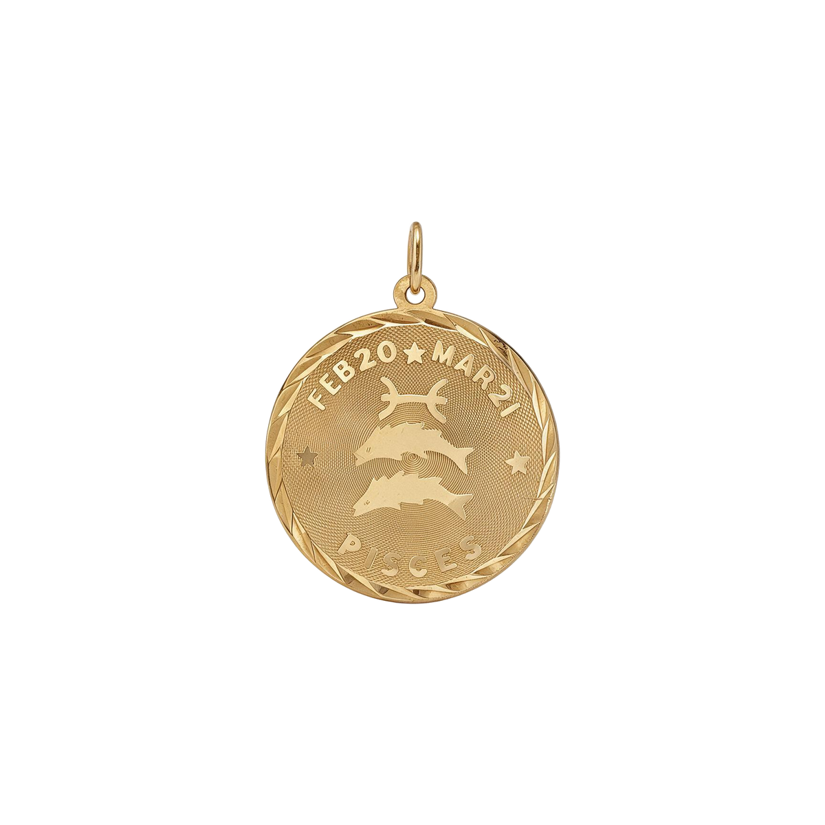 14k yellow gold vintage flat Pisces zodiac charm, front, two fish with Feb 20 to Mar 21 dates