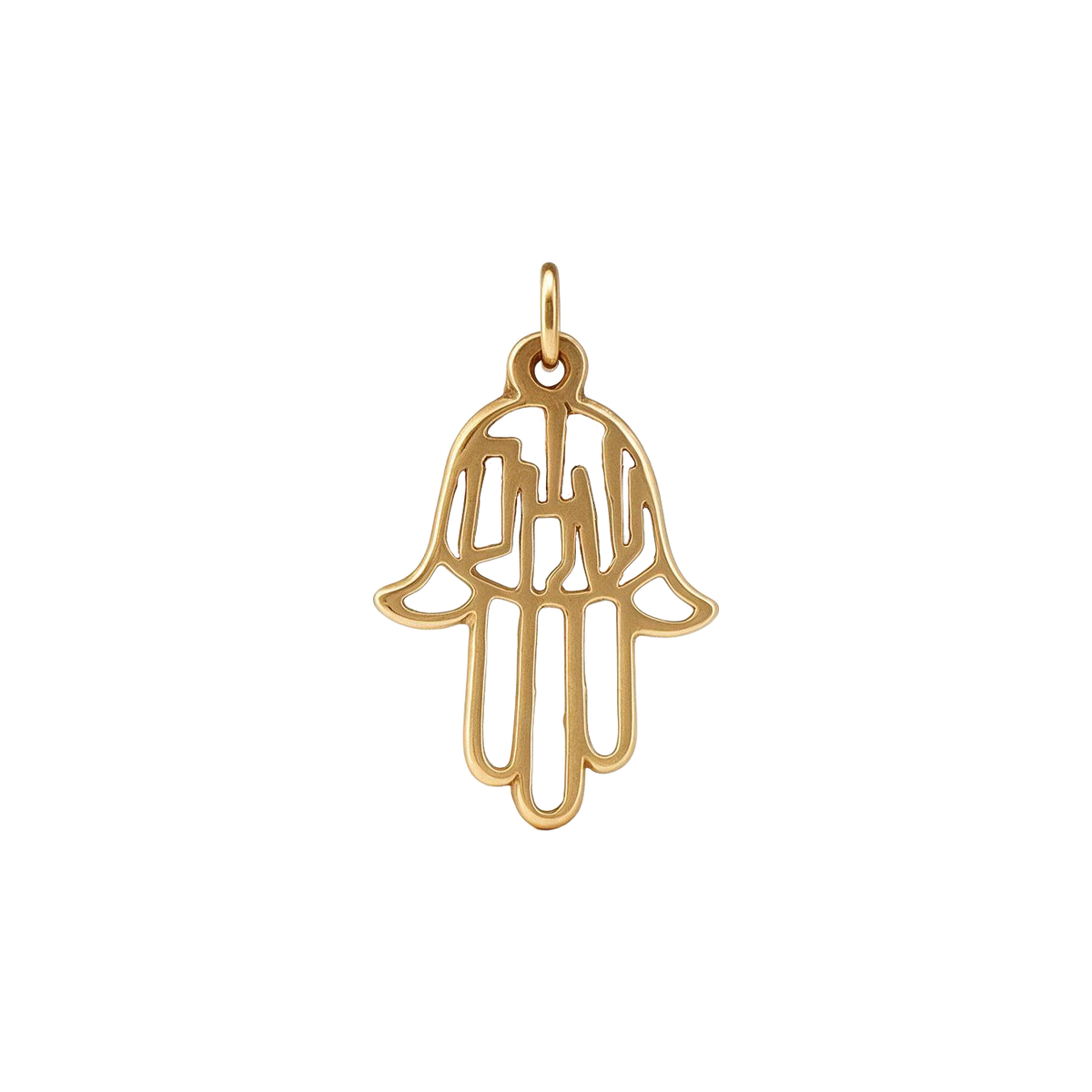 14k yellow gold vintage openwork hamsa hand charm with Shalom in Hebrew letters, front