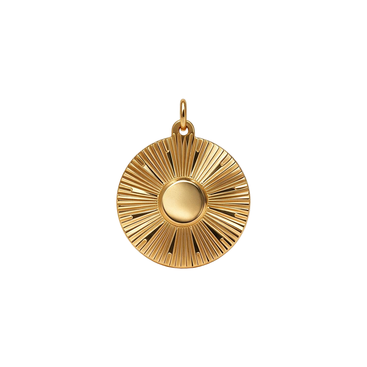 14k yellow gold vintage sunburst medallion disc charm, front, with engine turned rays and smooth center