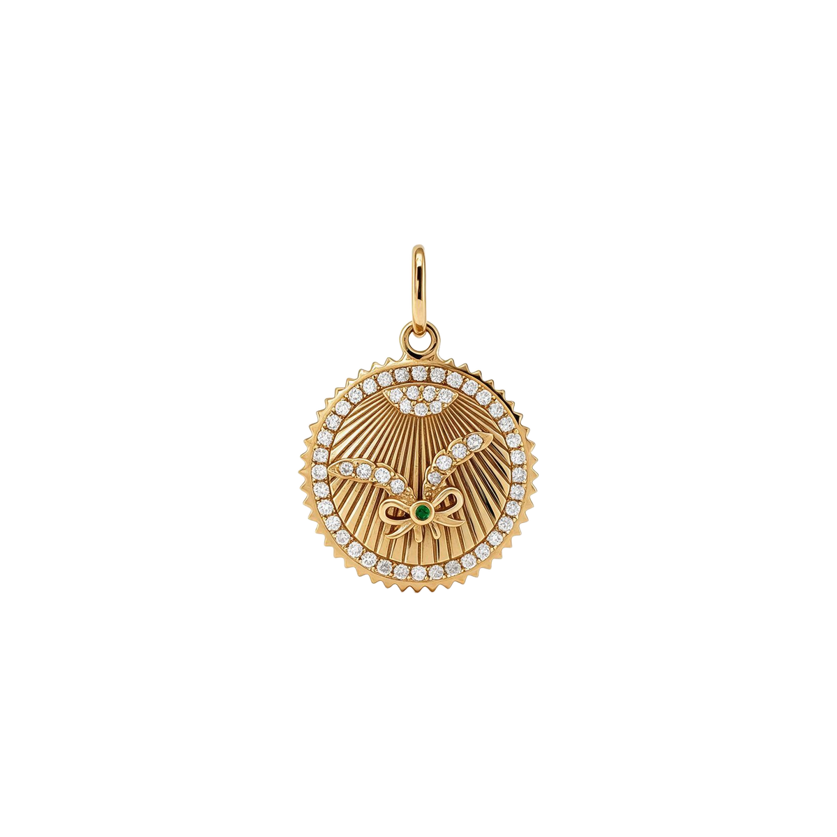 Front of 14k yellow gold medallion charm with diamond crossed feathers, emerald center and diamond border