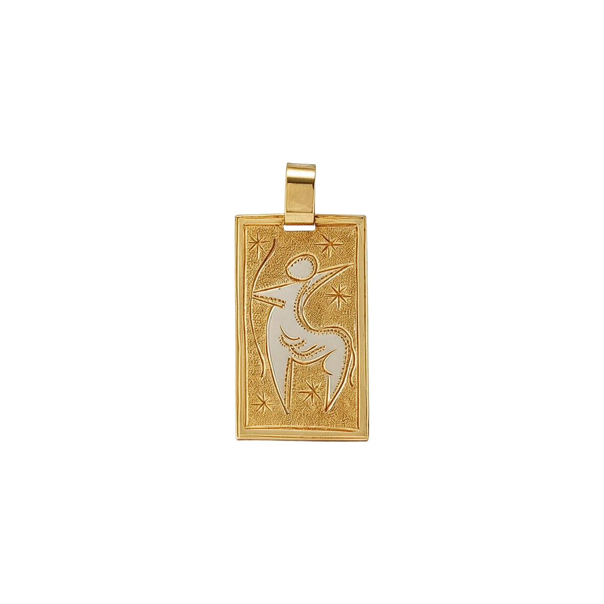 Front of 14k yellow gold vintage Sagittarius zodiac plaque charm with polished centaur archer and stars on a textured ground