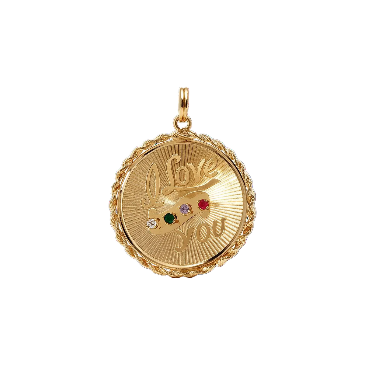 14 Karat Yellow Gold Vintage 1960s Diamond, Emerald, Imperial Topaz, and Ruby I Love You Gemstone Medallion Charm