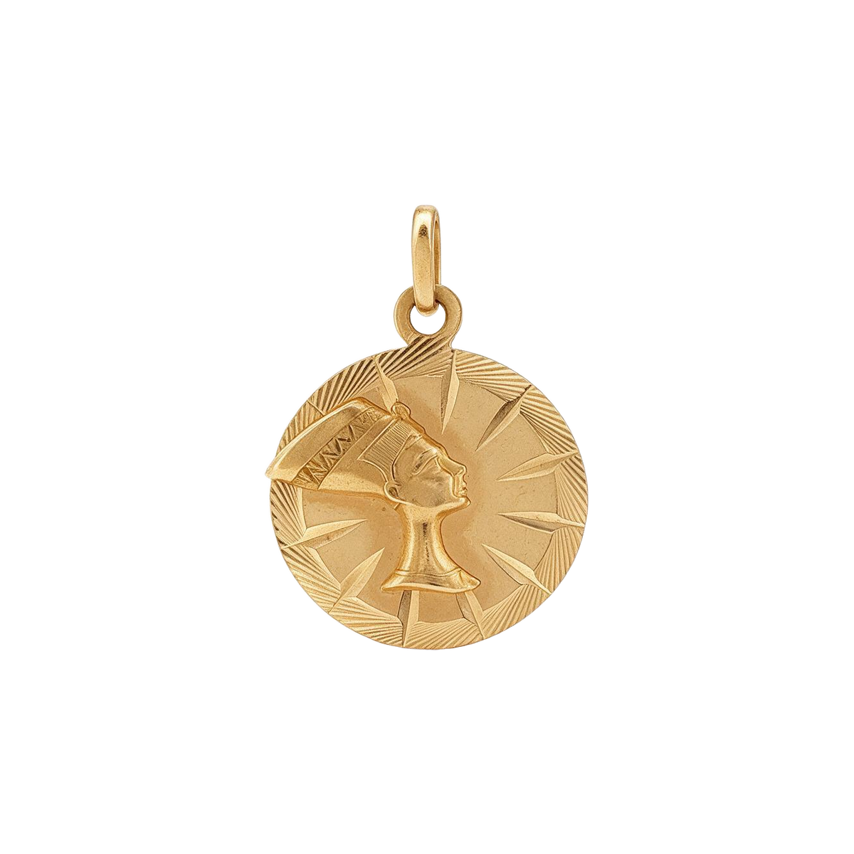 18k yellow gold vintage medallion charm with Nefertiti bust over engine turned rays