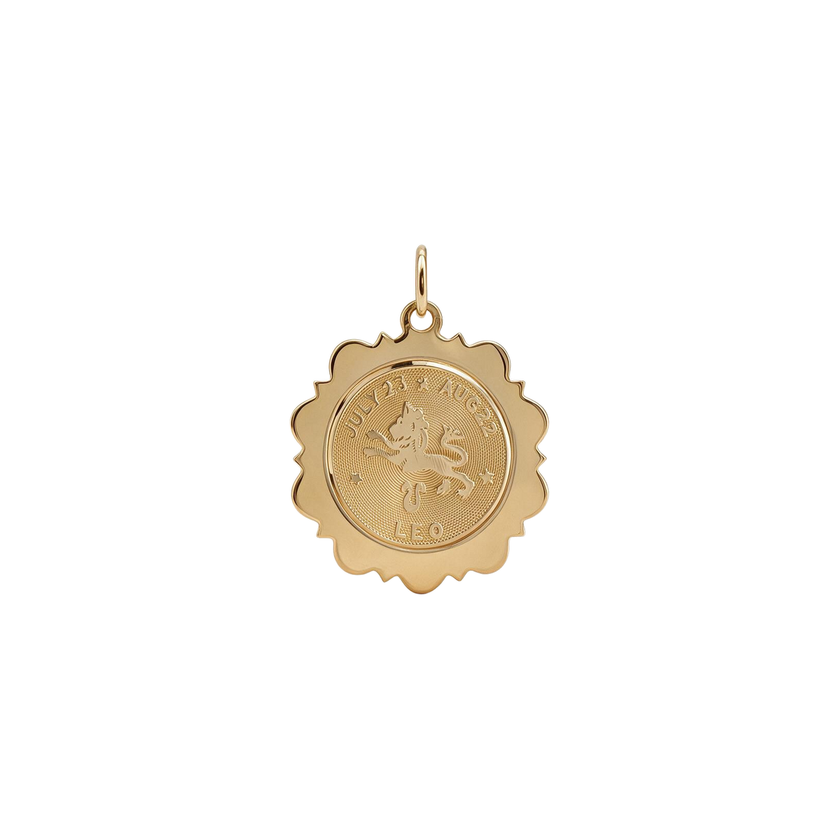 14k yellow gold vintage 1970s scalloped Leo zodiac charm, textured center with polished scalloped edge, front
